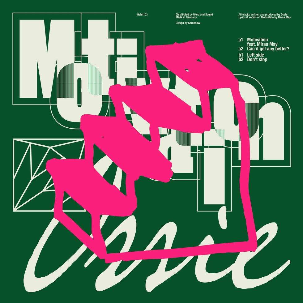 Abstract design with bold pink lines and text overlay on a green background.