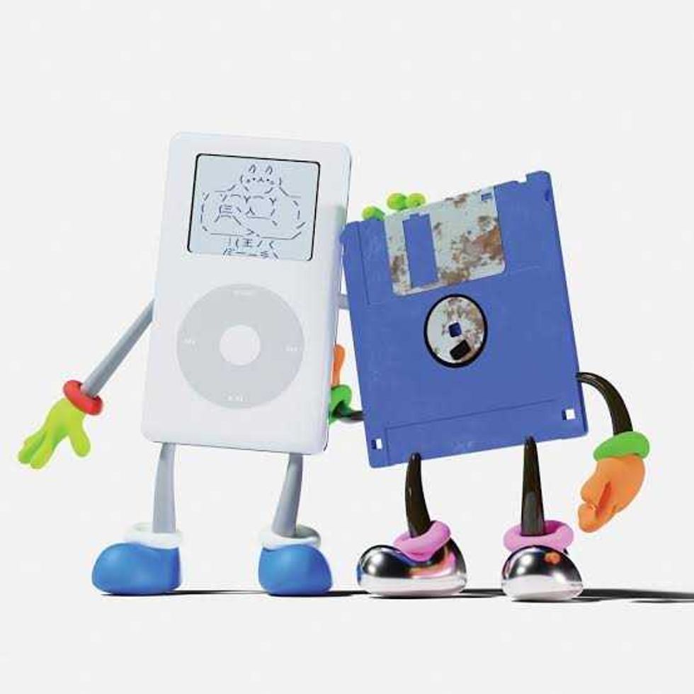 Animated iPod and floppy disk with arms and legs, posing together.