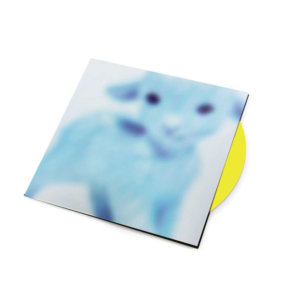 Blurred blue animal on square cover, yellow vinyl record peeking out.