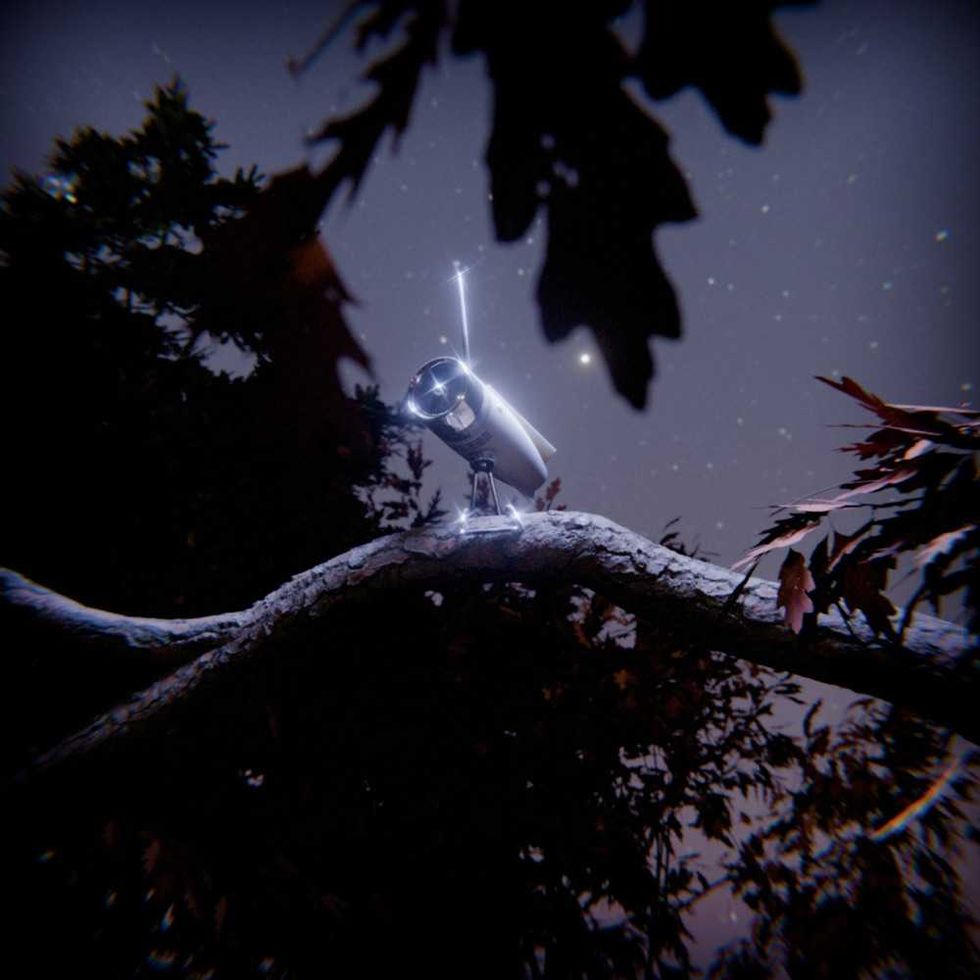 Robot owl perched on a branch at night, surrounded by stars.