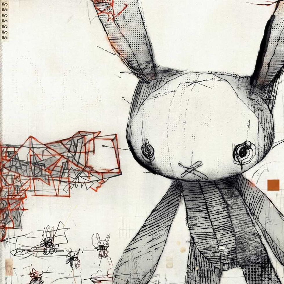 Sketch of an abstract bunny with large ears, surrounded by geometric shapes and smaller sketches.
