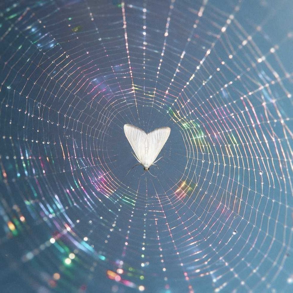 White moth trapped in a spider web with rainbow reflections.